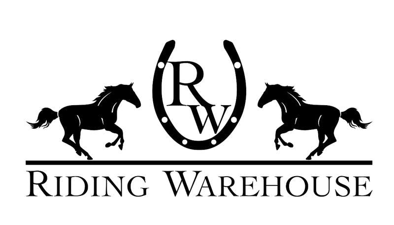 Logo for riding warehouse, two horses jumping towards a horseshoe.